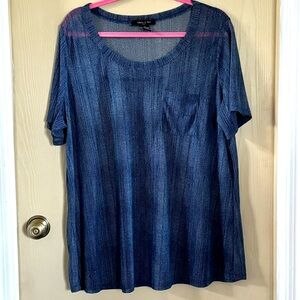 Adele & May sheer blue t-shirt w/pocket. Jean-like pattern. Size 3x